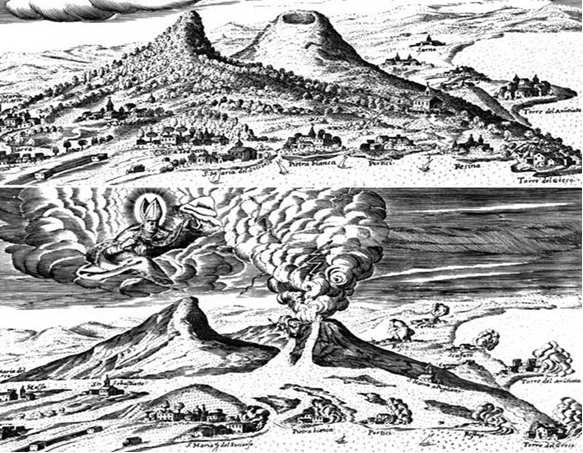 Везувий до и после извержения из книги Джулиани (Giuliani, 1632)