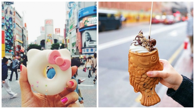 Забавная уличная еда в Токио — пончик в виде Хелло Китти,  мороженое-рыба